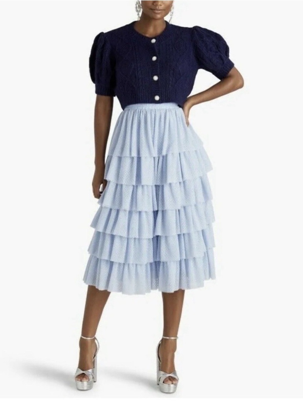 Hill House Light Blue Tiered Midi Skirt with Ruffled Layers